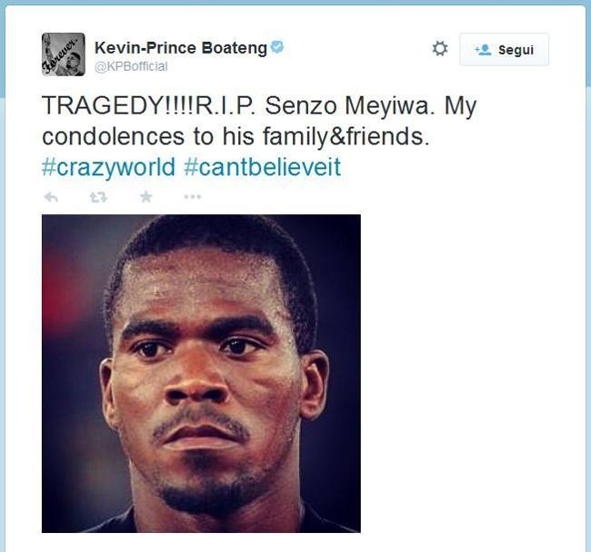 Su Twitter, anche Kevin Prince Boateng, giocatore dello Schalke ed ex milanista, ha voluto far sentire la propria vicinanza alla famiglia di Meyiwa: 